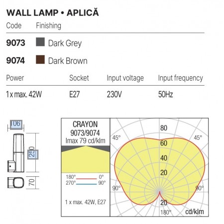 Wall lamp Redo Crayon, metal, polycarbonate, dark brown, 1XE27, H.25 cm, IP44