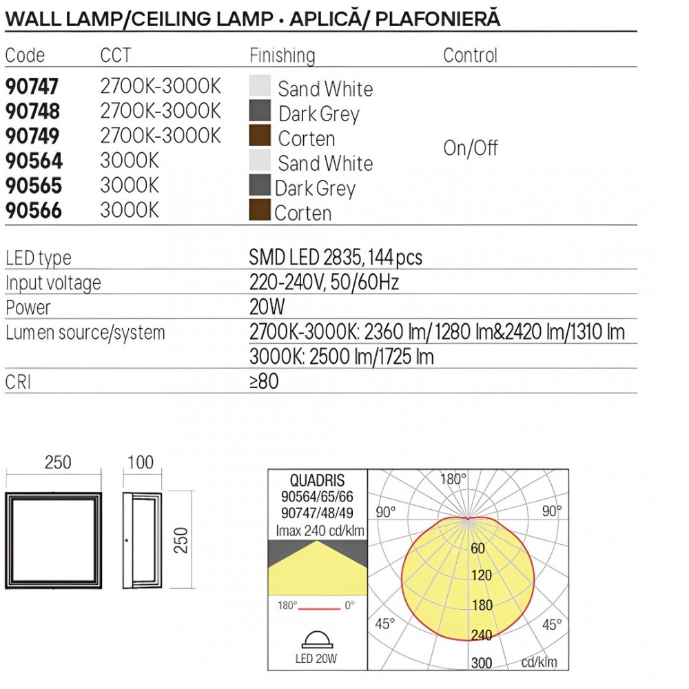 Ceiling lamp Redo Quadris, metal, corten, LED CCT, 20W, 1310 lumens, warm white 2700K/3000K, L.25 cm, IP54