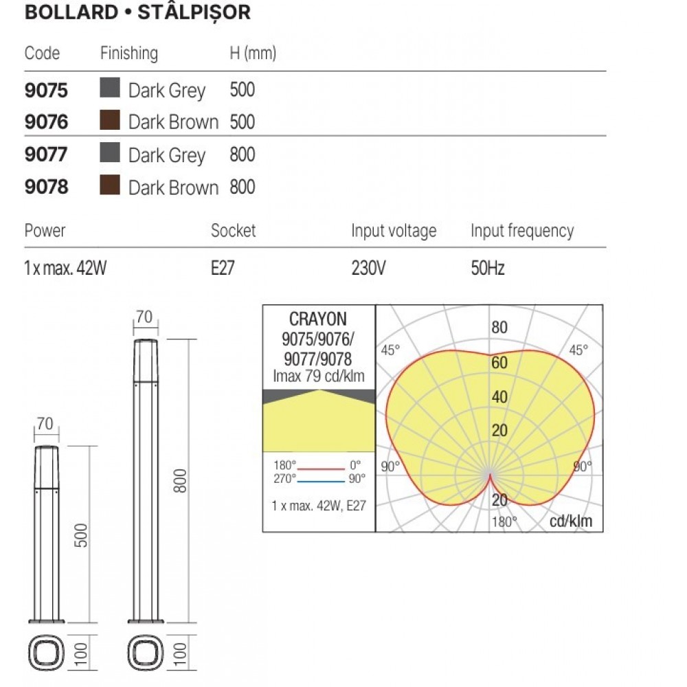 Bollard Redo Crayon, metal, dark brown, 1XE27, H.80 cm, IP44
