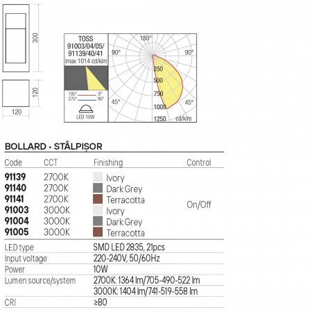 Bollard Redo Toss, concrete, dark grey, LED, 10W, 519 lumens, warm white 3000K, H.30 cm, IP65