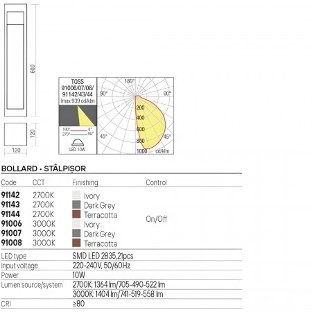 Bollard Redo Toss, concrete, dark grey, LED, 10W, 519 lumens, warm white 3000K, H.60 cm, IP65