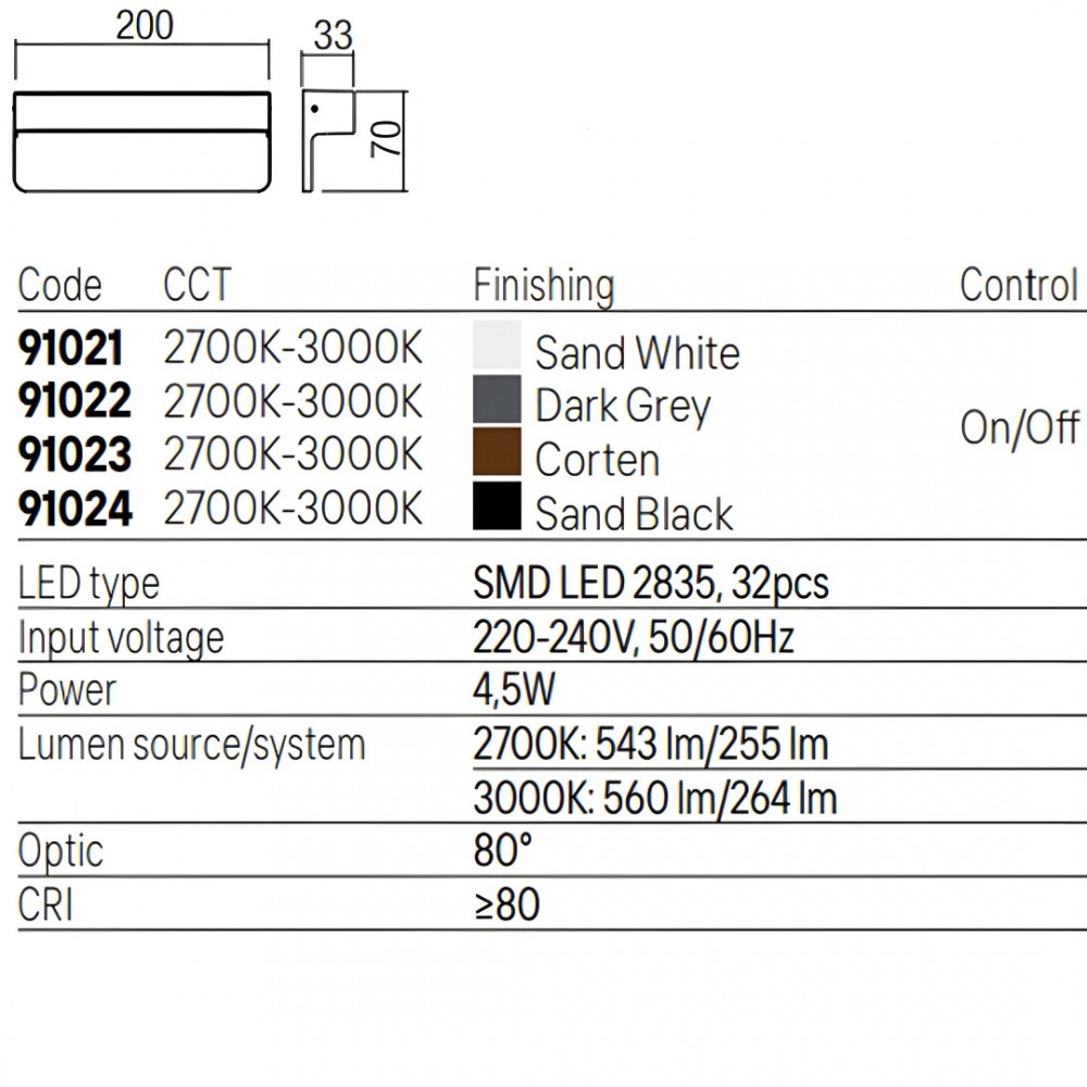 Step light Redo Kant, metal, sand black, LED CCT, 4,5W, 264 lumens, warm white 2700K/3000K, L.20 cm, IP65