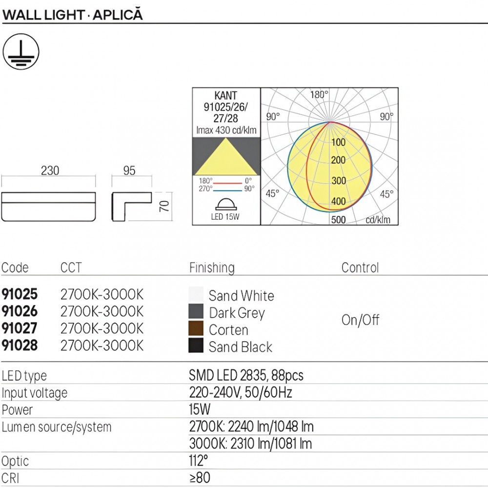 Wall lamp Redo Kant, metal, sand white, LED CCT, 15W, 1081 lumens, warm white 2700K/3000K, L.23 cm, IP65