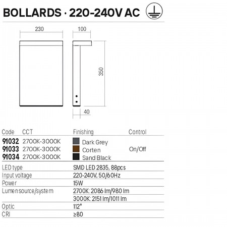 Bollard Redo Kant, metal, dark grey, LED CCT, 15W, 1011 lumens, warm white 2700K/3000K, H.35 cm, IP65