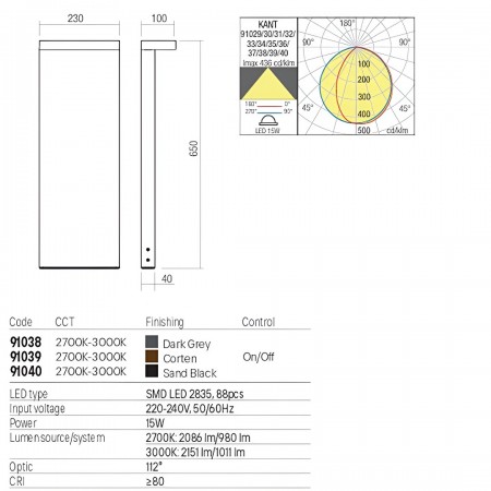 Bollard Redo Kant, metal, sand black, LED CCT, 15W, 1011 lumens, warm white 2700K/3000K, H.65 cm, IP65