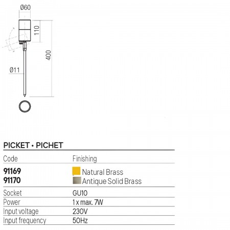 Picket Redo Stake, metal, antique brass, 1XGU10, H.40 cm, IP65