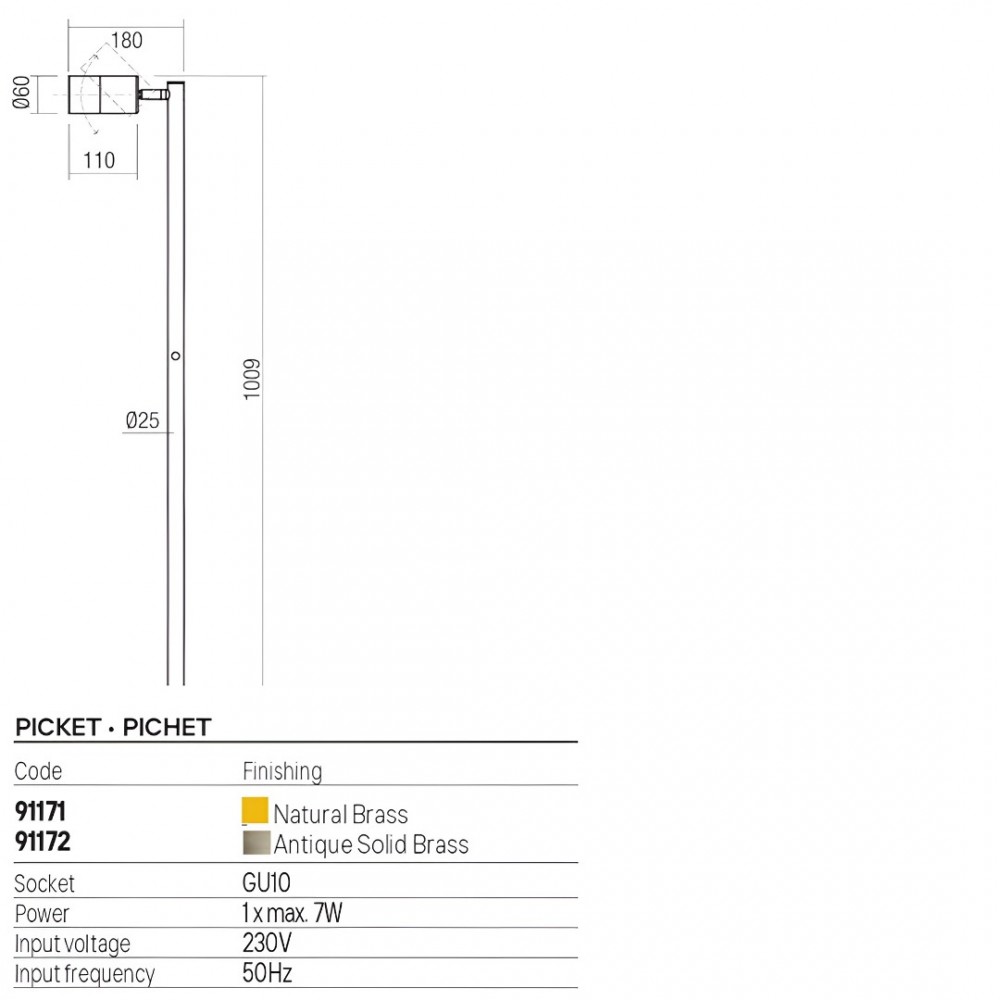 Picket Redo Stake, metal, natural brass, 1XGU10, H.100 cm, IP65