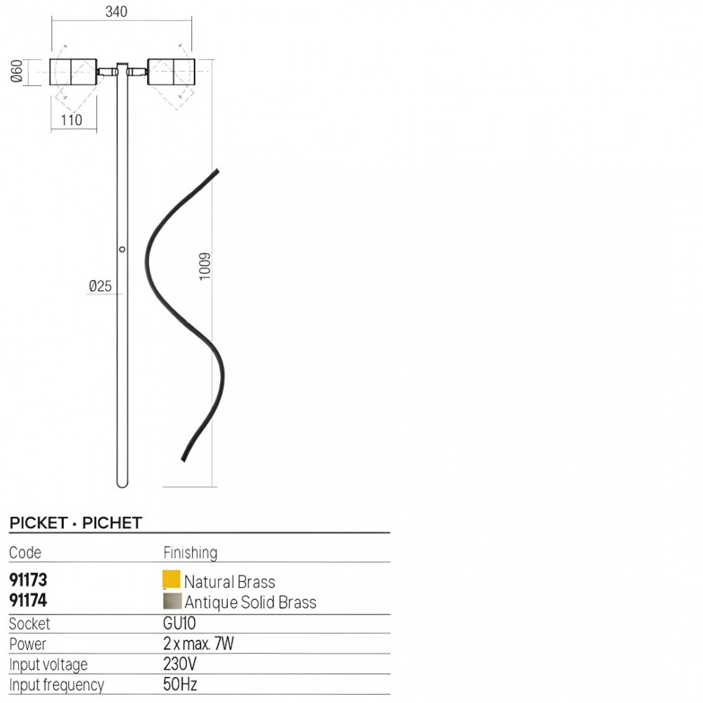 Picket Redo Stake, metal, natural brass, 2XGU10, H.100 cm, IP65