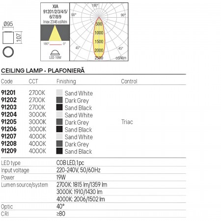 Ceiling lamp Redo Xia, metal, sand white, LED, 19W, 1502 lumens, neutral white 4000K, D.9 cm, IP65