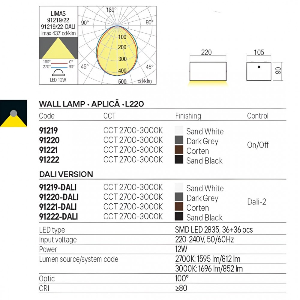 Wall lamp Redo Limas, metal, corten, LED CCT, 12W, 852 lumens, warm white 2700K/3000K, L.22 cm, IP65