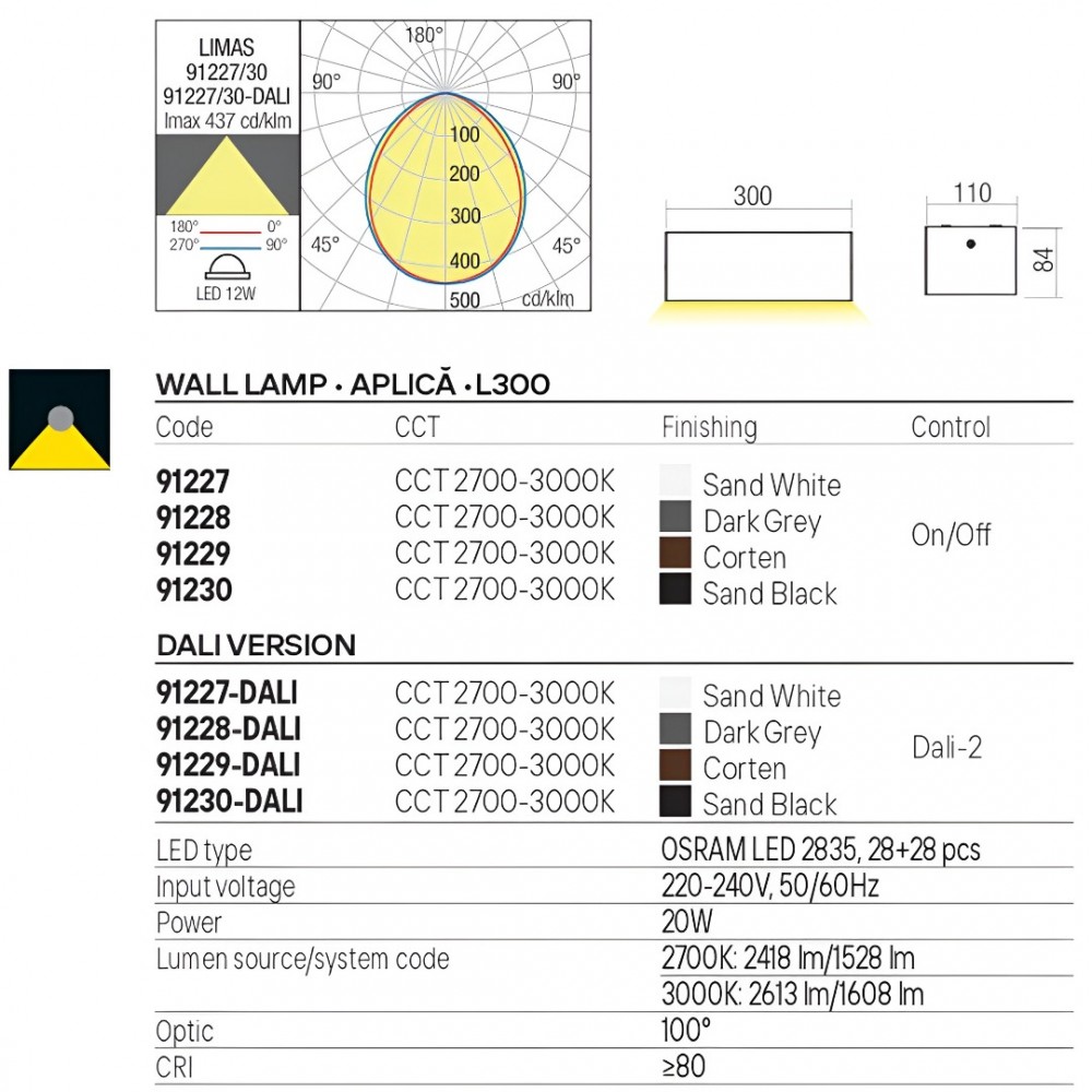 Wall lamp Redo Limas, metal, sand black, LED CCT, 20W, 1608 lumens, warm white 2700K/3000K, L.30 cm, IP65