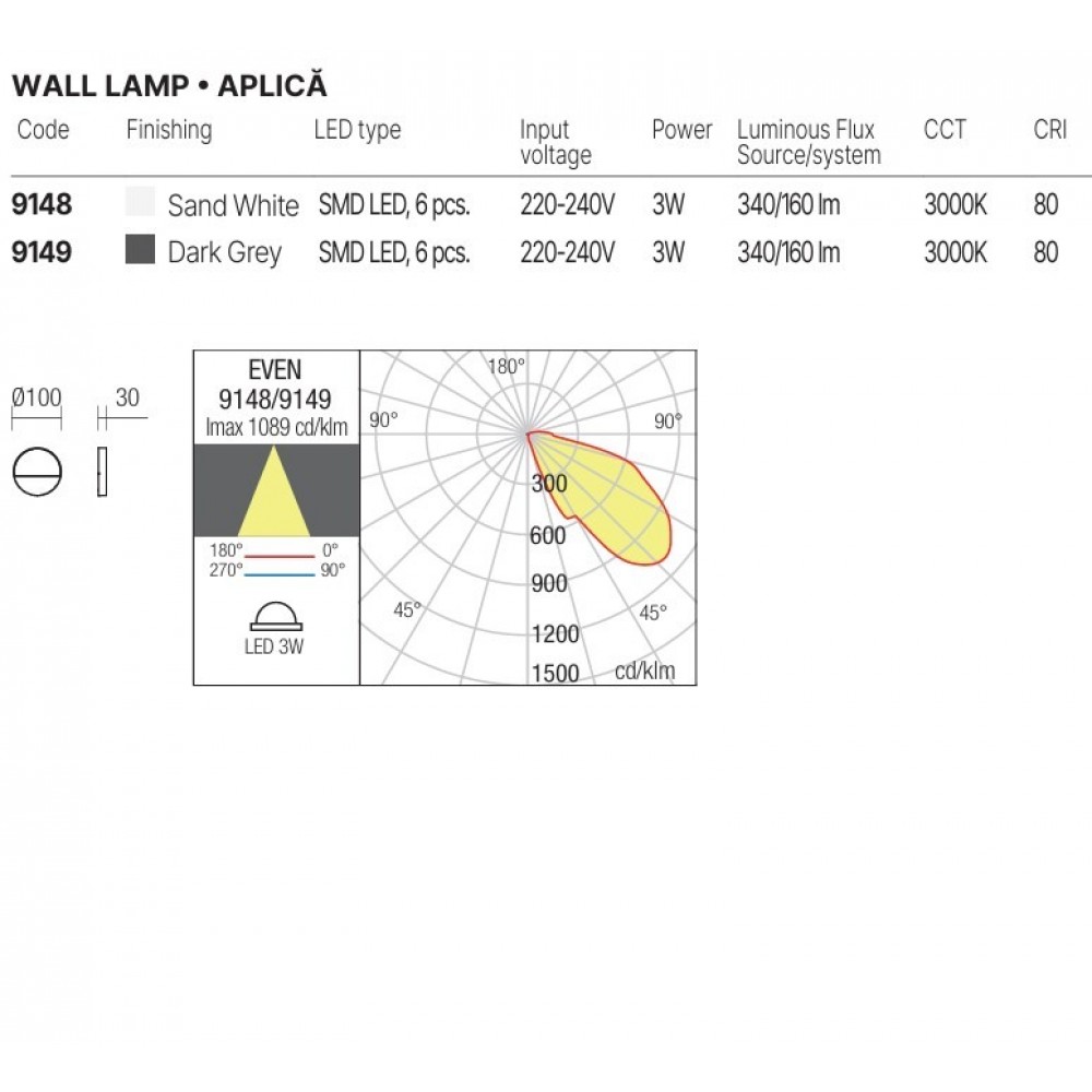 Wall lamp Redo Even, metal, matt white, LED, 3W, 160 lumens, warm white 3000K, D.10 cm, IP54