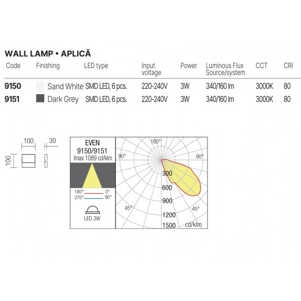 Wall lamp Redo Even, metal, matt white, LED, 3W, 160 lumens, warm white 3000K, L.10 cm, IP54