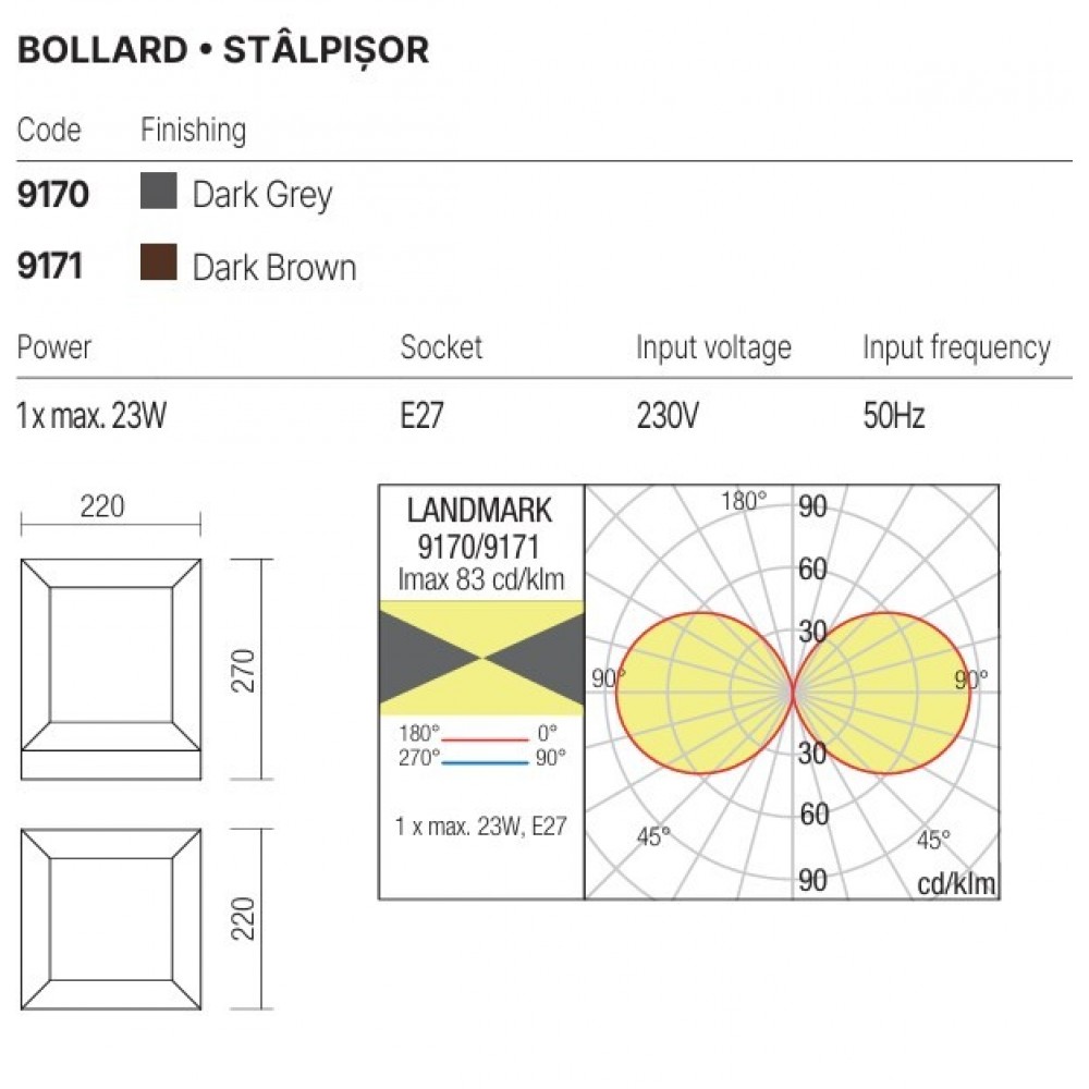 Bollard Redo Landmark, metal, polycarbonate, dark grey, 1XE27, H.27 cm, IP54