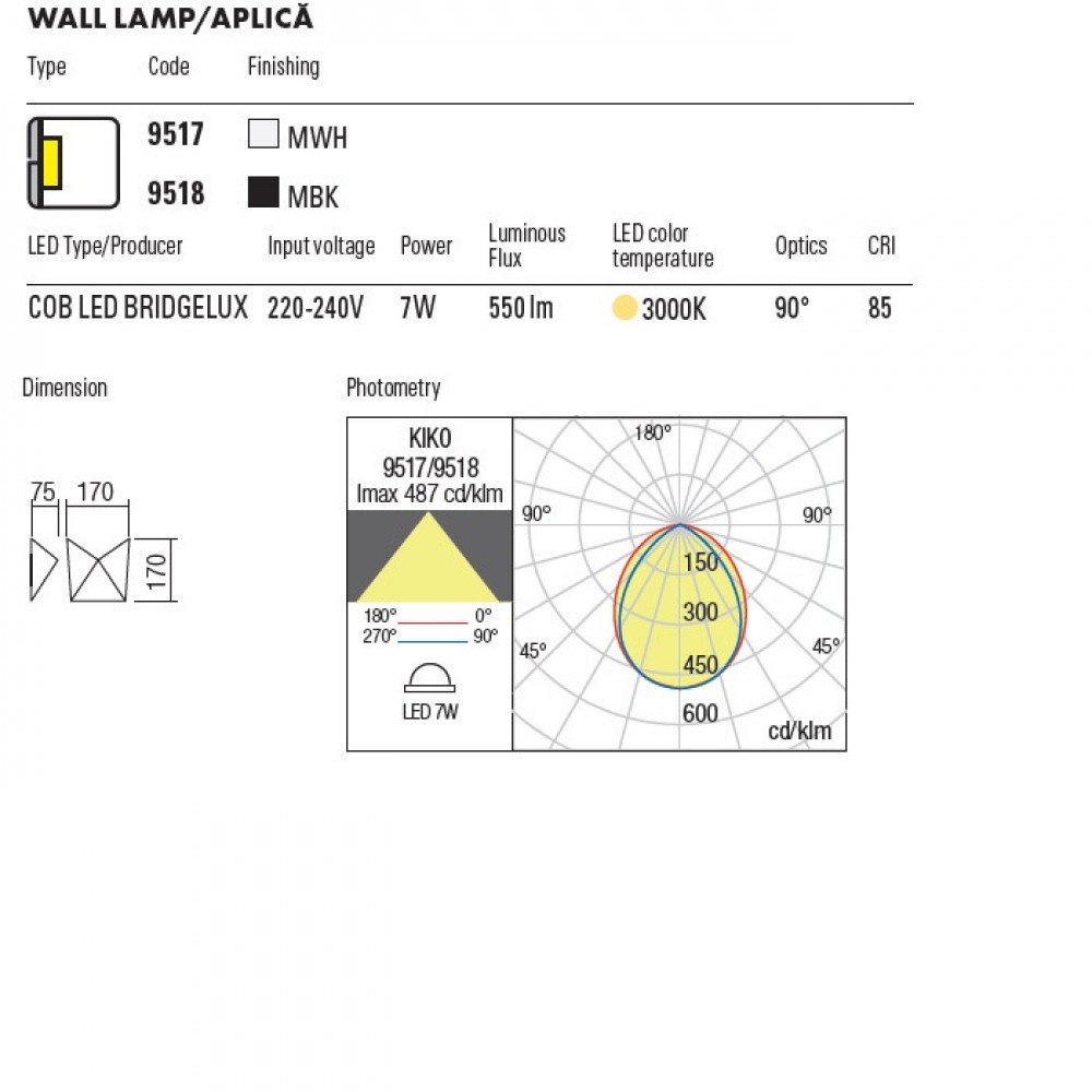 Wall lamp Redo Kiko, metal, matt black, LED, 7,5W, 390 lumens, warm white 3000K, L.17 cm, IP54