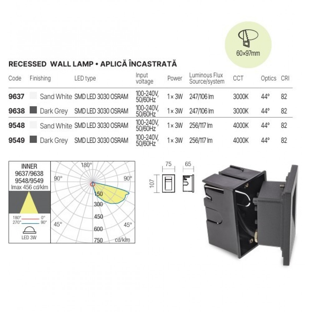 Wall lamp Redo Inner, metal, dark grey, LED, 3W, 106 lumens, warm white 3000K, H.11 cm, IP65