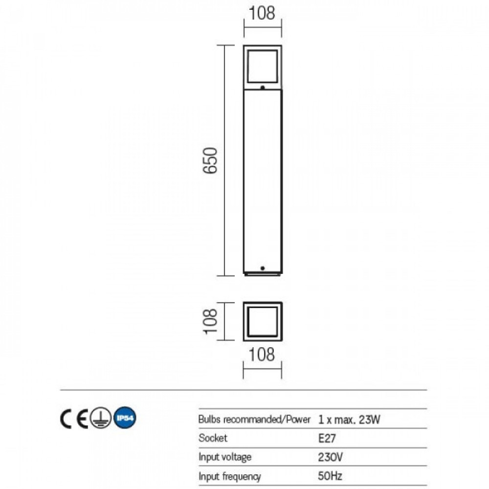 Bollard Redo Brick, metal, polycabonate diffuser, rust, 1XE27, H.65 cm, IP54