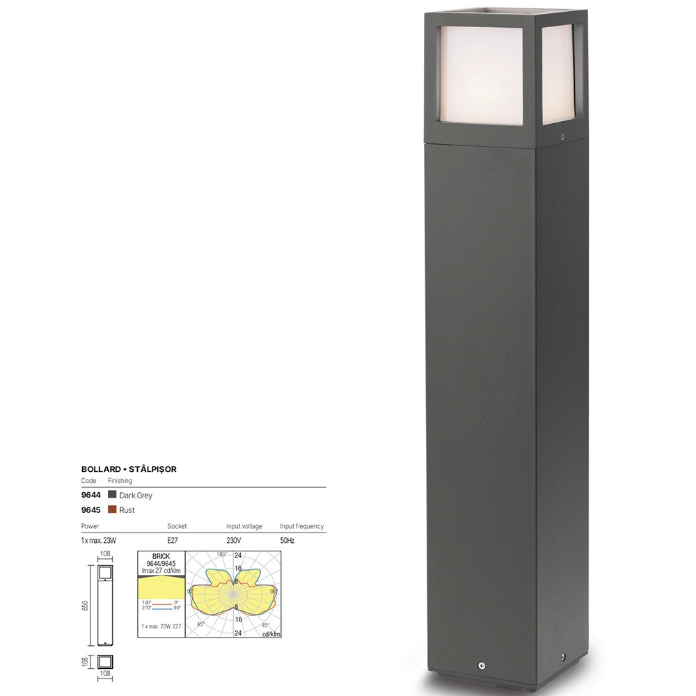 Bollard Redo Brick, metal, polycabonate diffuser, dark grey, 1XE27, H.65 cm, IP54