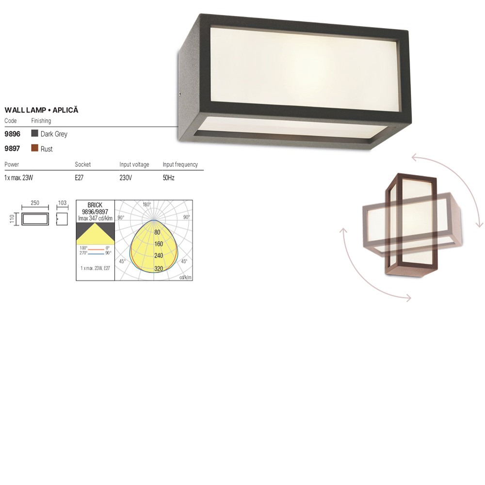 Wall lamp Redo Brick, metal, dark grey, polycarbonate diffuser, 1XE27, L.25 cm, IP54