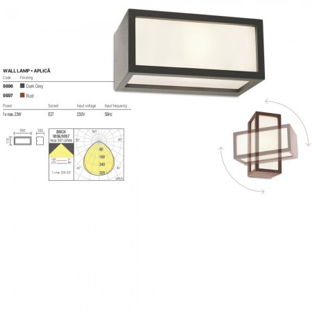 Wall lamp Redo Brick, metal, dark grey, polycarbonate diffuser, 1XE27, L.25 cm, IP54