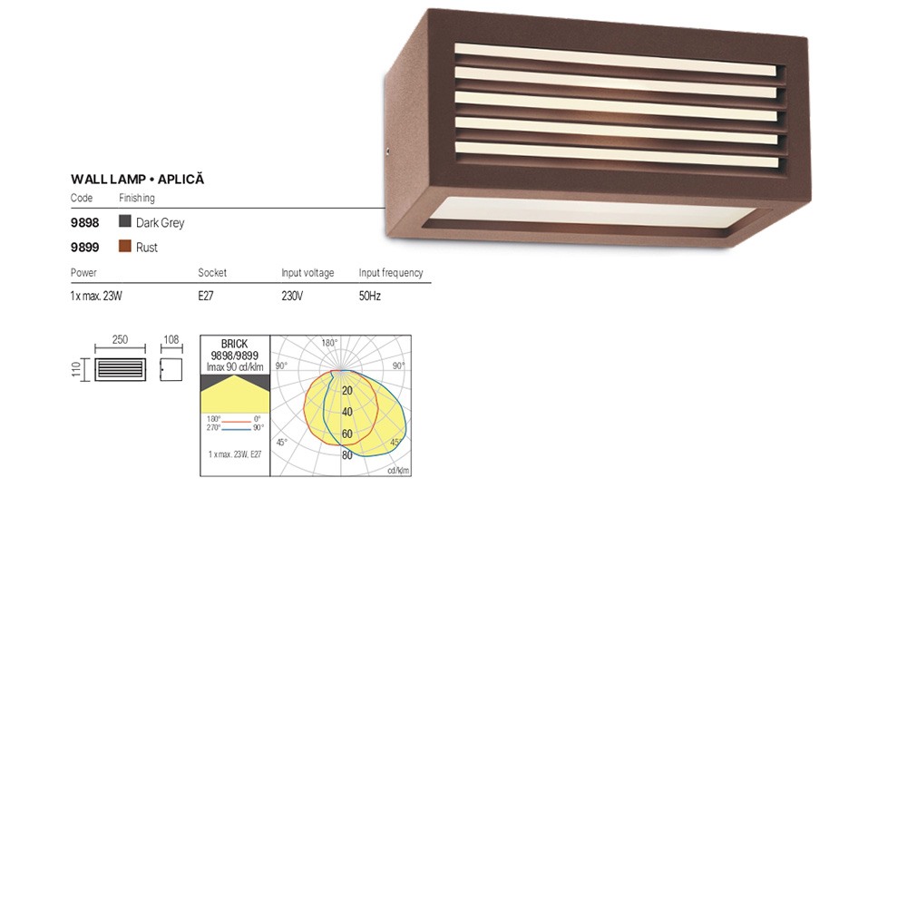 Wall lamp Redo Brick, metal, polycarbonate diffuser, rust, 1XE27, L.25 cm, IP54