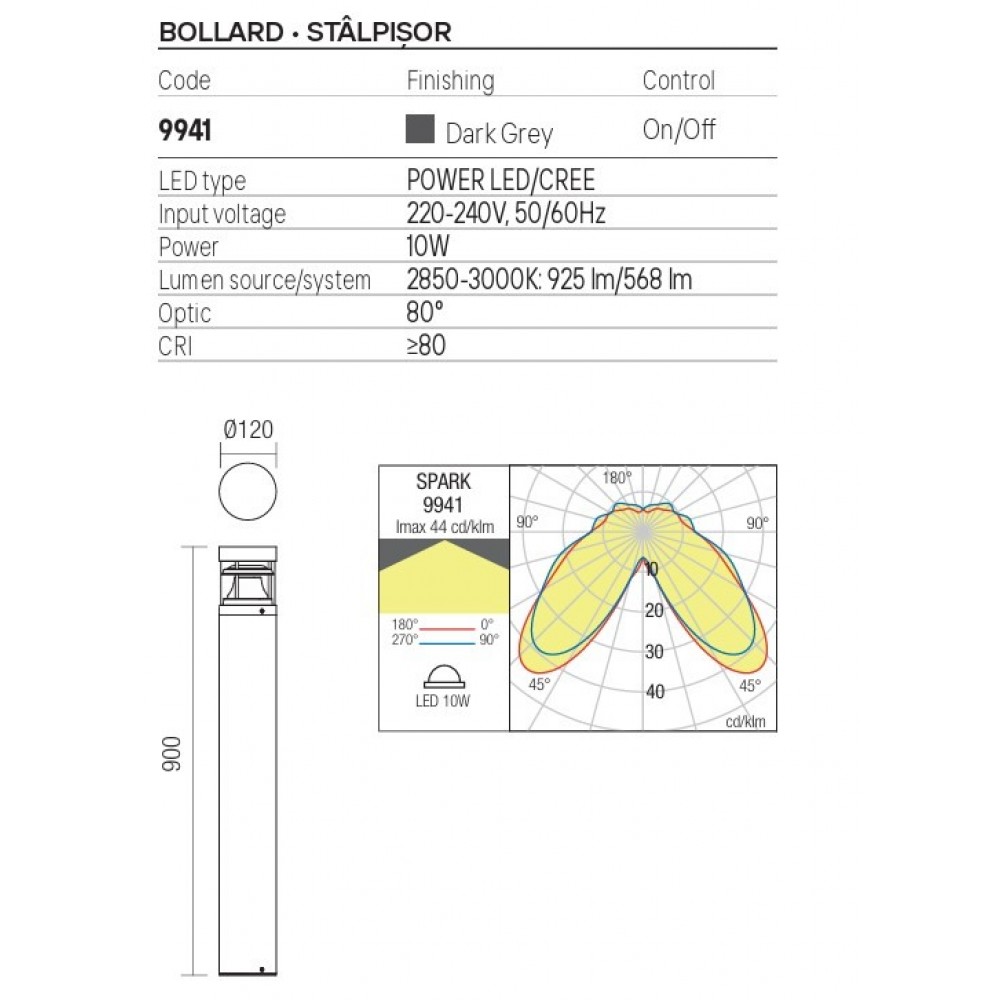 Bollard Redo Spark, metal, dark grey, LED, 10W, 568 lumens, warm white 3000K, H.90 cm, IP54