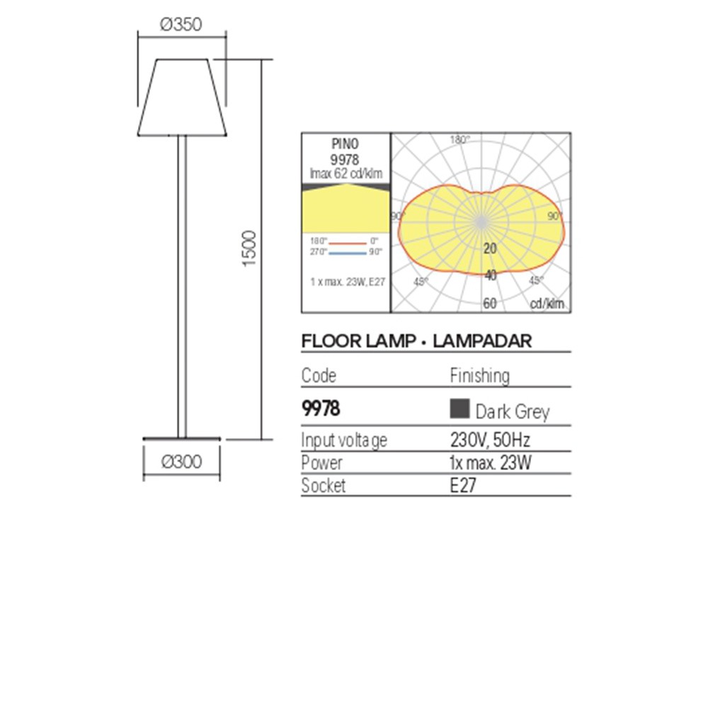 Floor lamp Redo Pino, metal, dark grey, 1XE27, H.150 cm, IP65