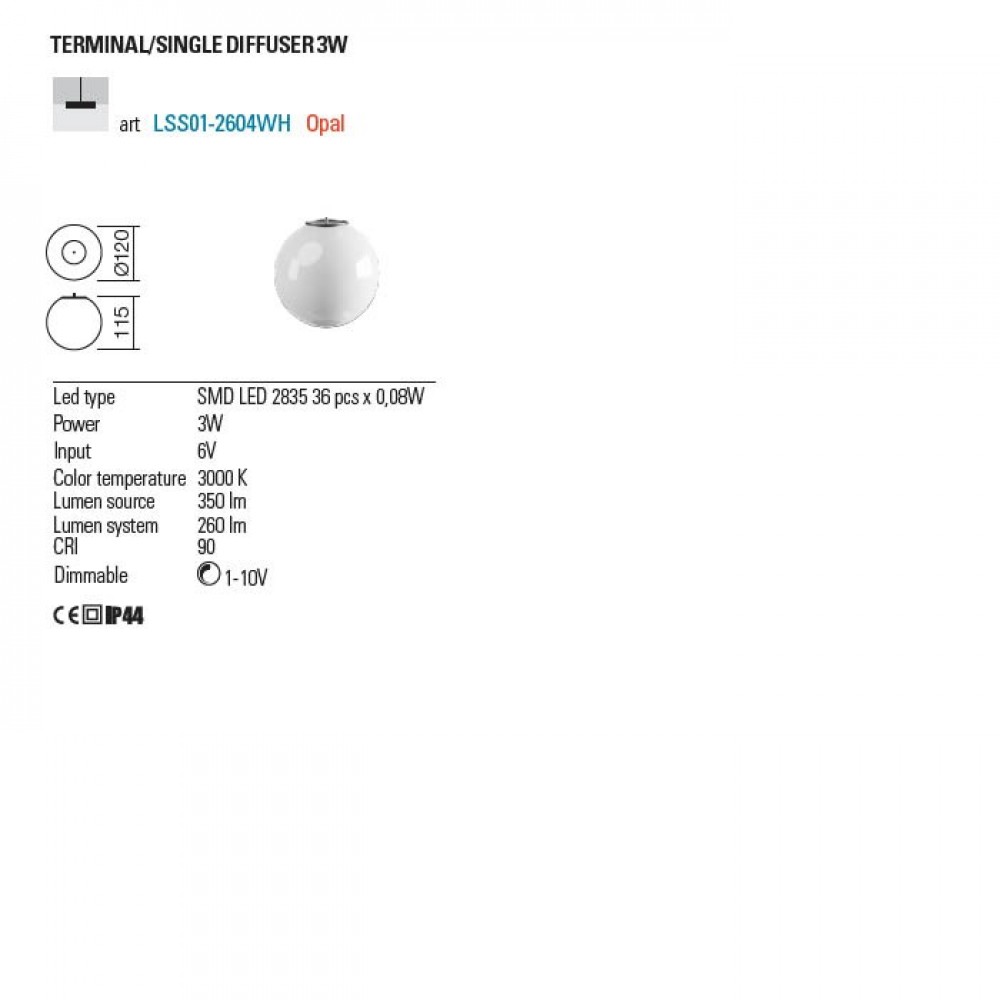 Terminal diffuser Biilia, white, LED, 3W, dimmable, 260 lumens, warm white 3000K, D.12 cm, IP44