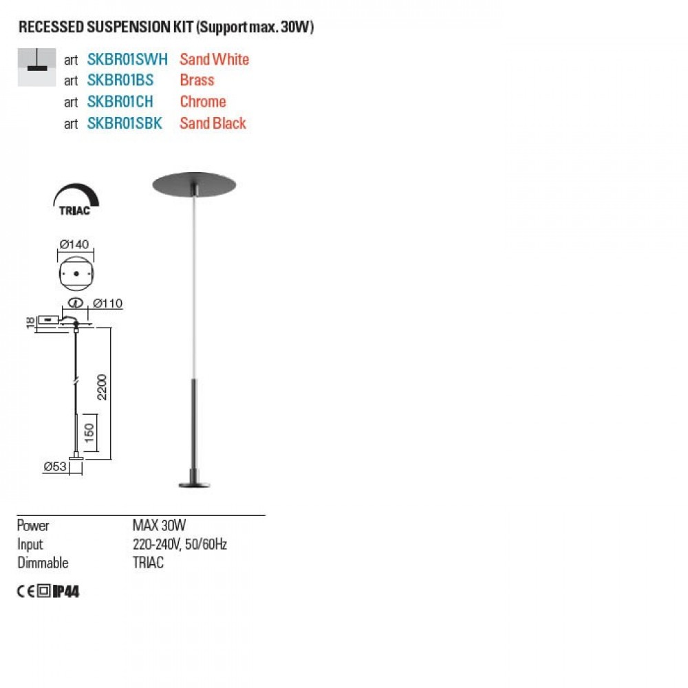 Recessed suspension kit Bilia, matt white, H.220 cm