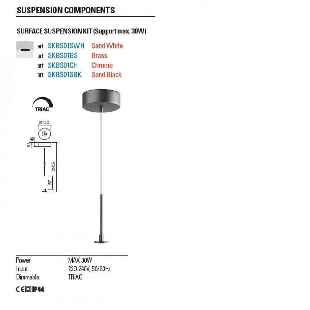 Recessed suspension kit Bilia, chrome, H.224 cm