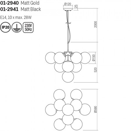 Suspension Smarter Agape, metal, smoky glass, matt black, 10XE14, D.59 cm