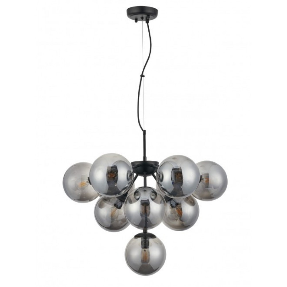Suspension Smarter Agape, metal, smoky glass, matt black, 10XE14, D.59 cm