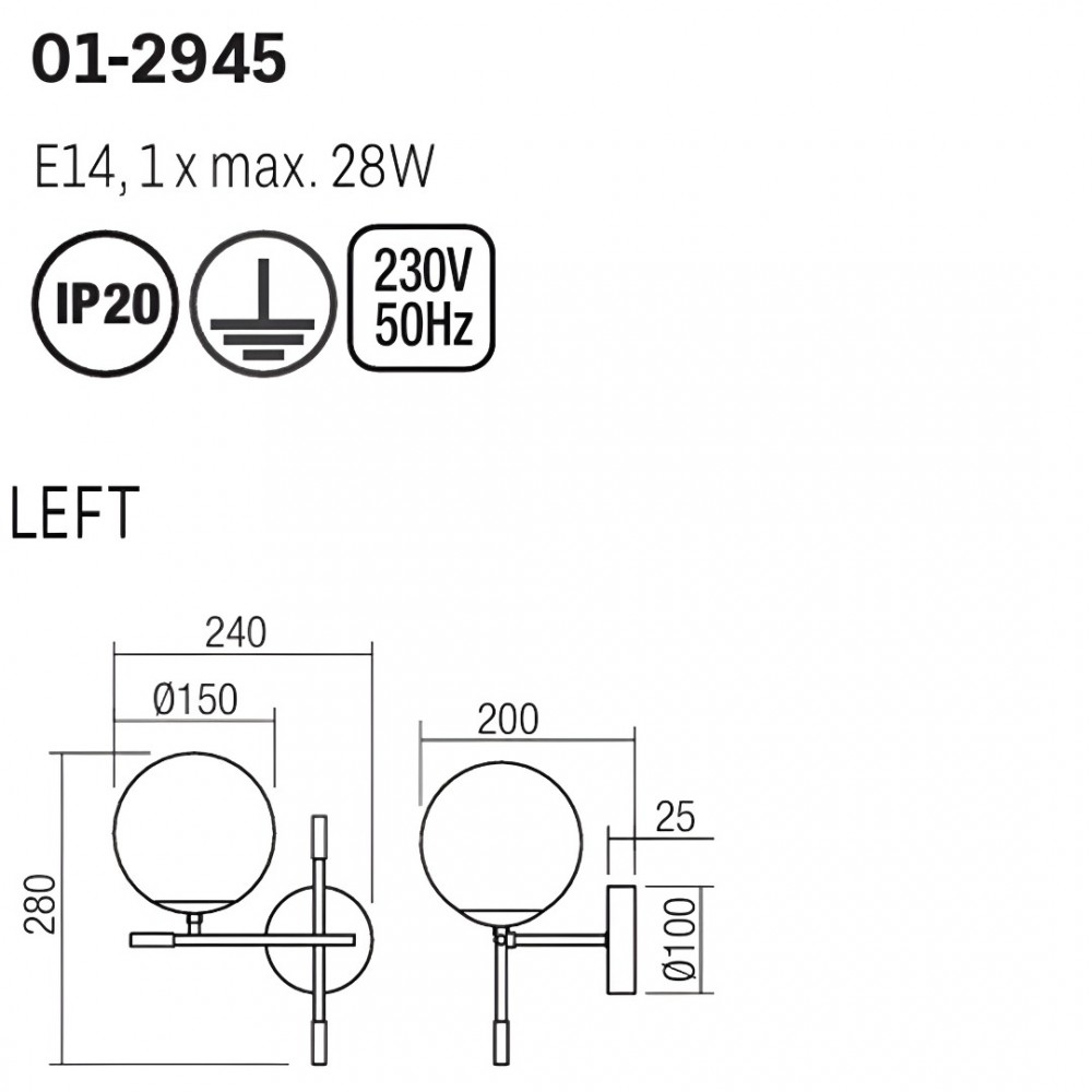 Wall lamp Smarter Essential, metal, opal glass, matt gold/matt black, 1XE14, H.28 cm