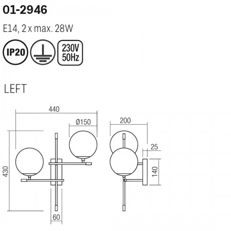 Wall lamp Smarter Essential, metal, opal glass, matt gold/matt black, 2XE14, H.43 cm