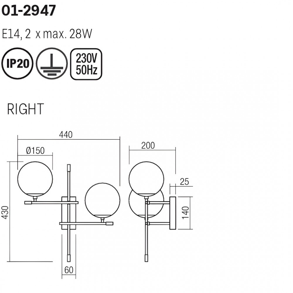 Wall lamp Smarter Essential, metal, opal glass, matt gold/matt black, 2XE14, H.43 cm