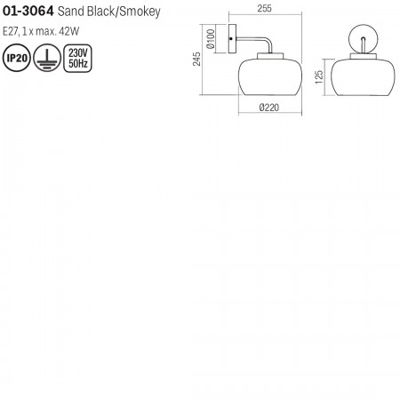 Wall lamp Smarter Croma, metal, smoke glass, sand black, 1XE27, H.24 cm