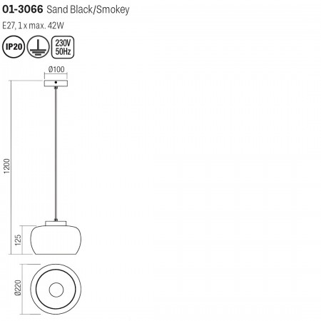 Suspension Smarter Croma, metal, smoke glass, sand black, 1XE27, D.22 cm