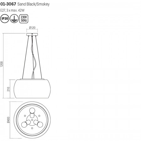 Suspension Smarter Croma, metal, smoke glass, sand black, 3XE27, D.40 cm