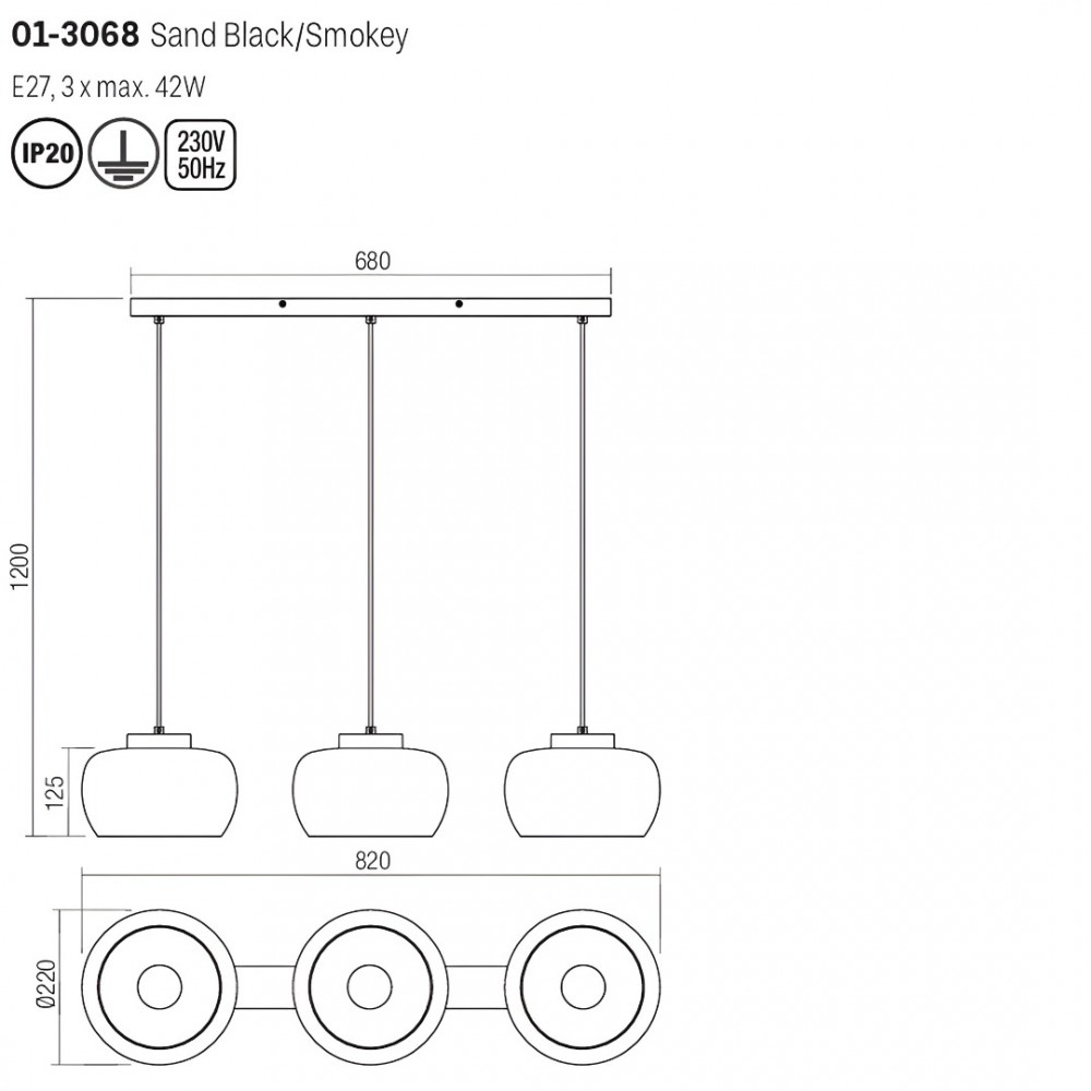 Suspension Smarter Croma, metal, smoke glass, sand black, 3XE27, L.68 cm