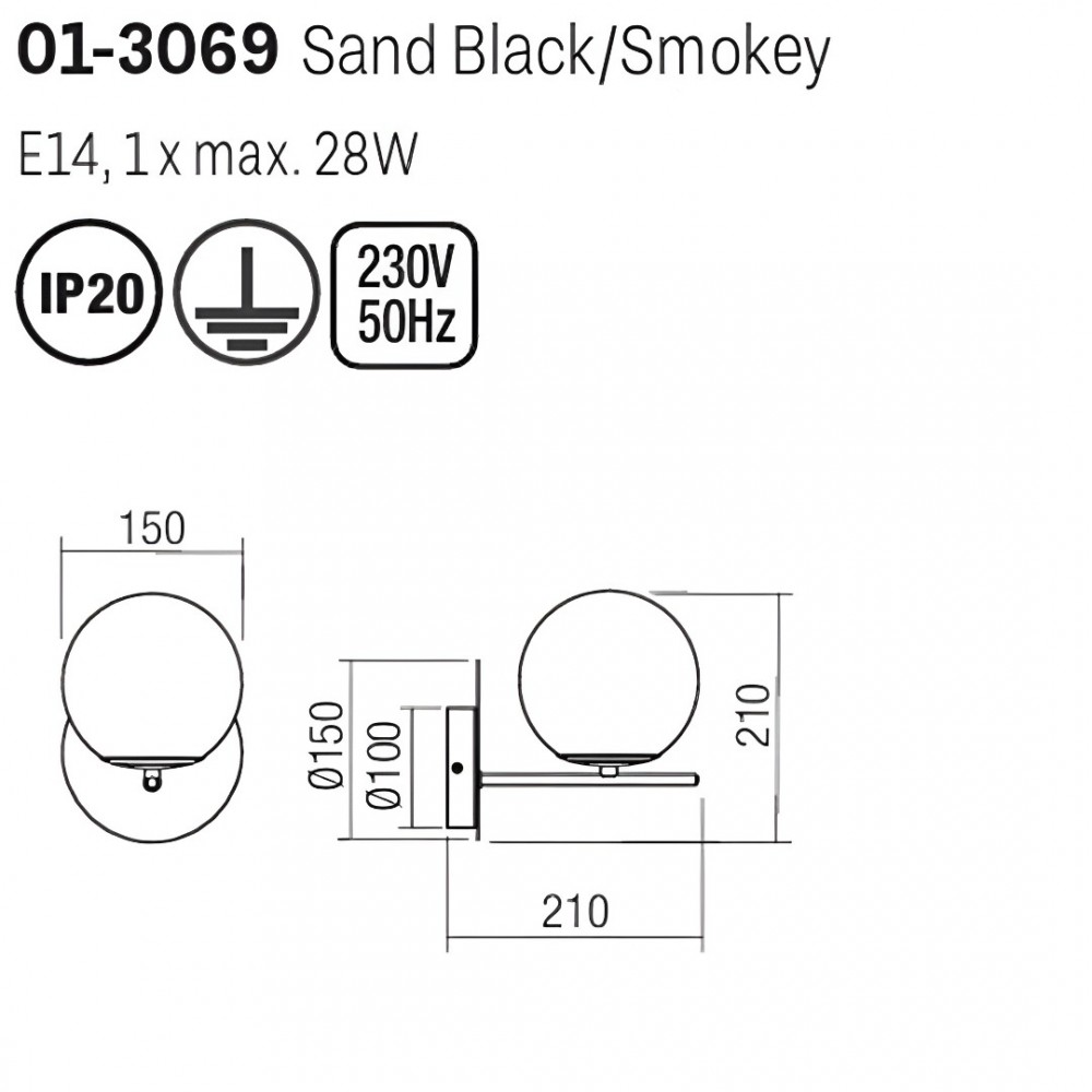Wall lamp Smarter Boldy, metal, smoke glass, sand black, 1XE14, H.21 cm