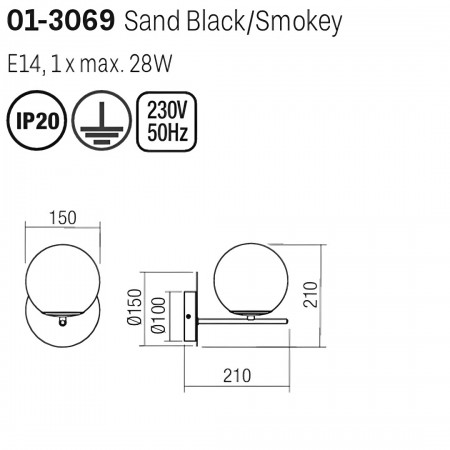 Wall lamp Smarter Boldy, metal, smoke glass, sand black, 1XE14, H.21 cm