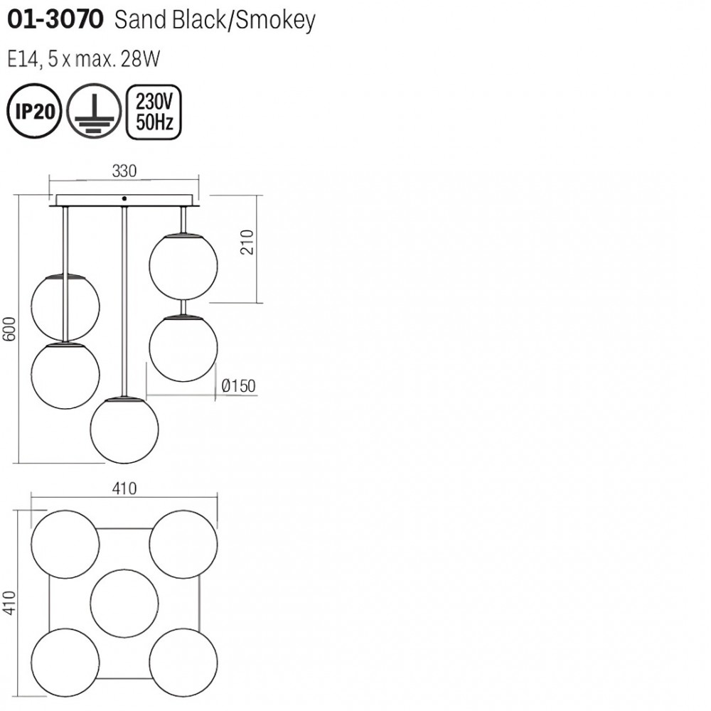 Ceiling lamp Smarter Boldy, metal, smoke glass, sand black, 5XE14, L.41 cm