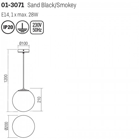 Suspension Smarter Boldy, metal, smoke glass, sand black, 1XE14, D.20 cm