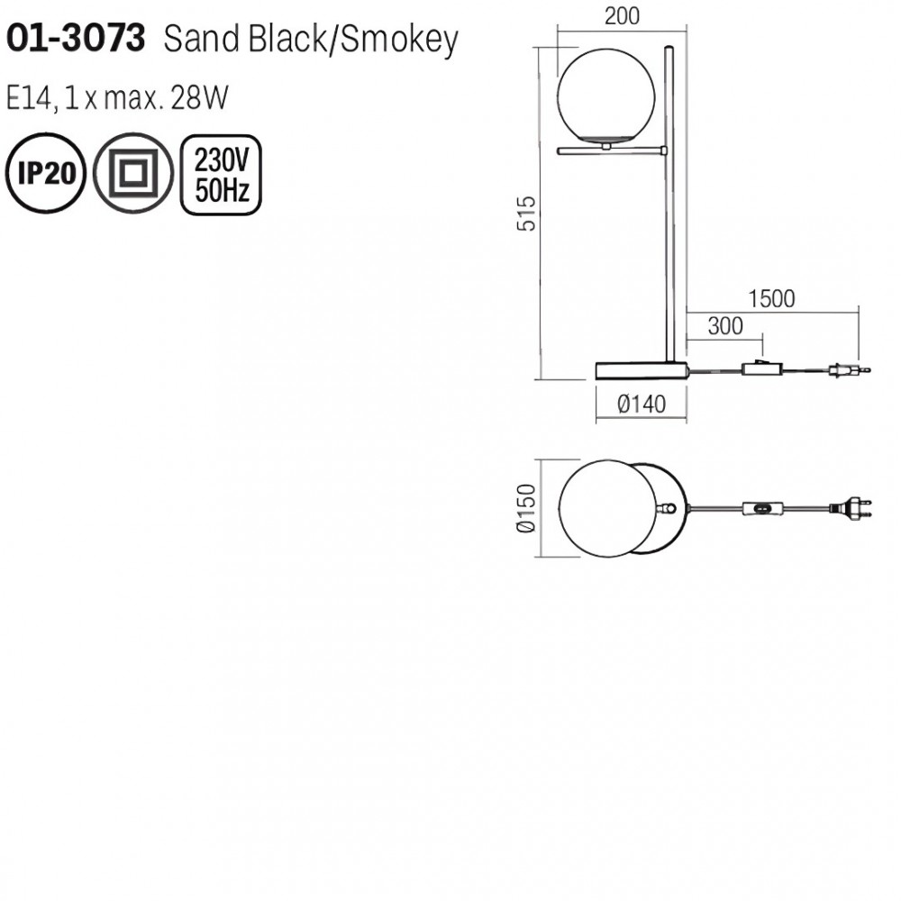 Table lamp Smarter Boldy, metal, smoke glass, sand black, 1XE14, H.51 cm