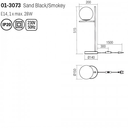 Table lamp Smarter Boldy, metal, smoke glass, sand black, 1XE14, H.51 cm