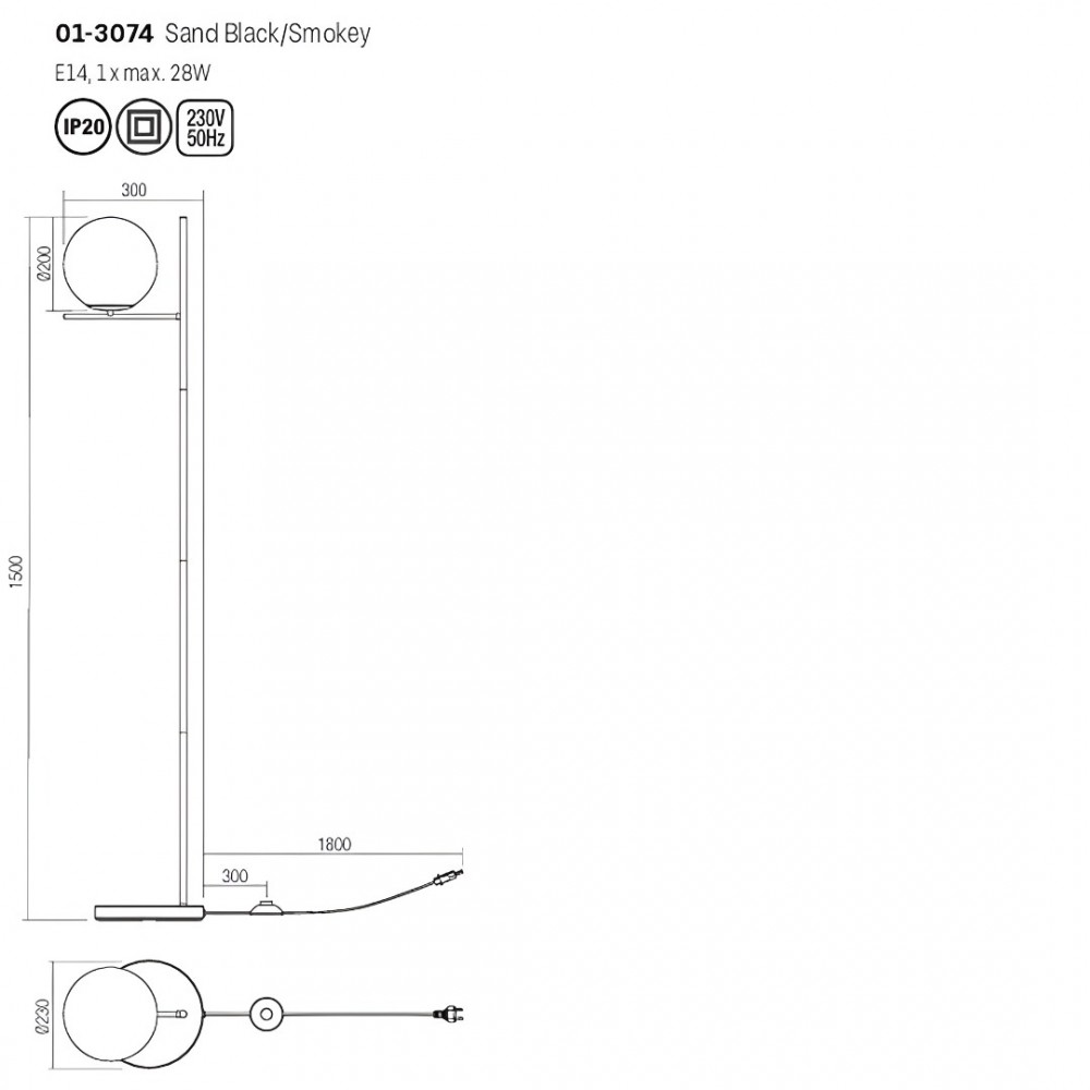 Floor lamp Smarter Boldy, metal, smoke glass, sand black, 1XE14, H.150 cm