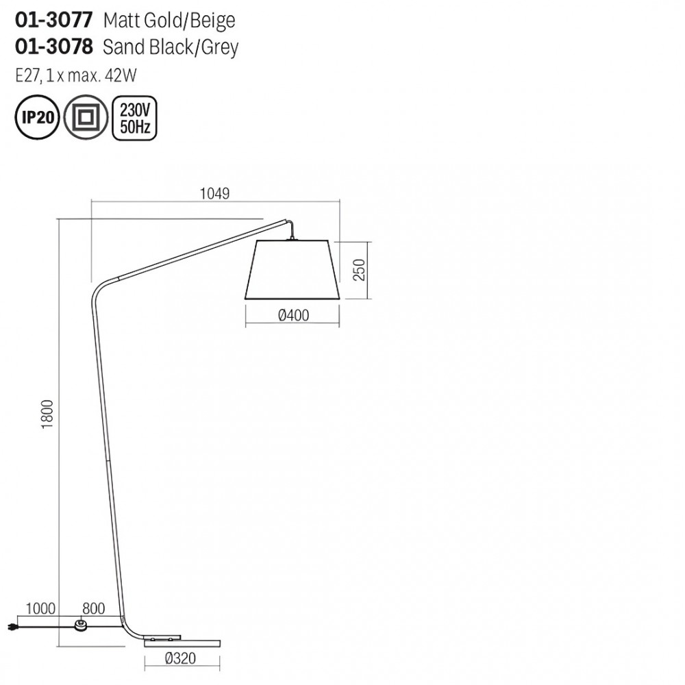 Floor lamp Smarter Kermit, metal, matt gold, textile beige, 1XE27, H.180 cm