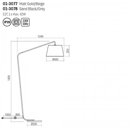 Floor lamp Smarter Kermit, metal, matt gold, textile beige, 1XE27, H.180 cm