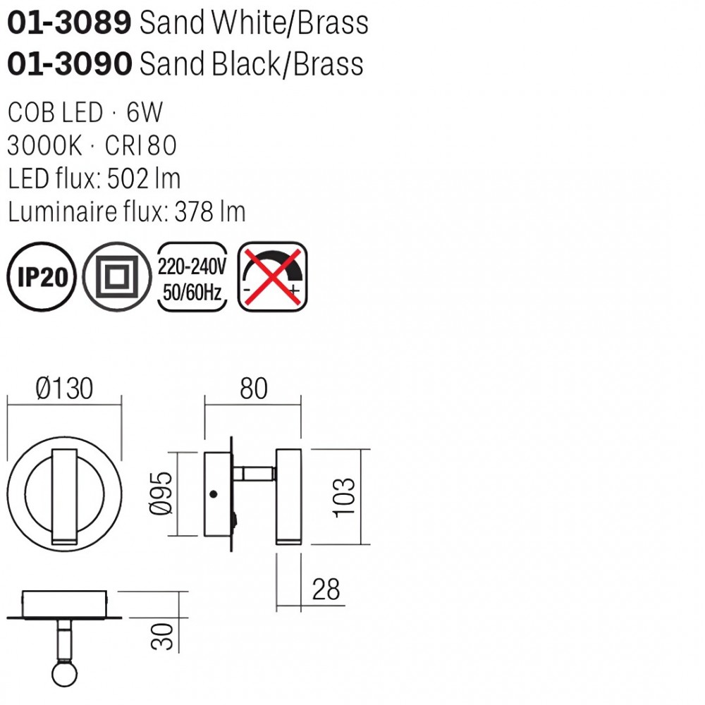 Wall lamp Smarter Closer, metal, sand white/brass, LED, 6W, 378 lumens, warm white 3000K, H.13 cm