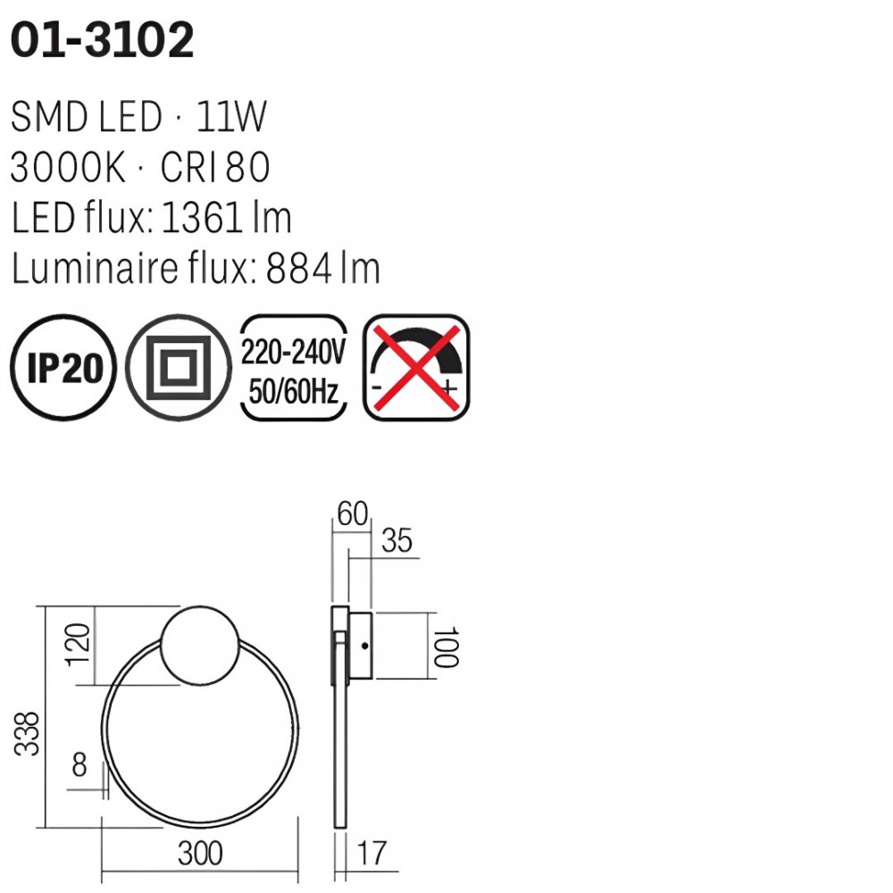 Wall lamp Smarter Atom, metal, sand black/brass, LED, 11W, 884 lumens, warm white 3000K, H.34 cm